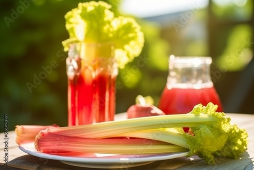 Tangy Delight  A Captivating Close-Up of Smiling Rhubarb and Freshly Squeezed Rhubarb Juice on a White Wooden Table  Bringing the Tart and Refreshing Flavors of Summer to Your Outdoor Breakfast