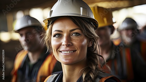 woman working on a construction site, construction hard hat and work vest, smiling, middle aged or older,  © Adriana