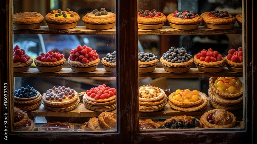 bakery window with a display of rustic fruit tarts
