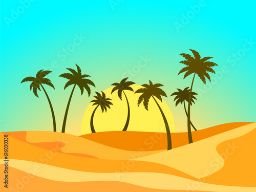Desert landscape with palm trees and sand dunes. Sunrise in the desert, sand dunes with silhouettes of palm trees. Design for print, banners and posters. Vetornaya illustration