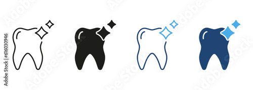 Human Tooth Shine Line and Silhouette Color Icon Set. Oral Hygiene, Shiny Clean Teeth Pictogram. Dental Treatment Symbol Collection on White Background. Dentistry Sign. Isolated Vector Illustration