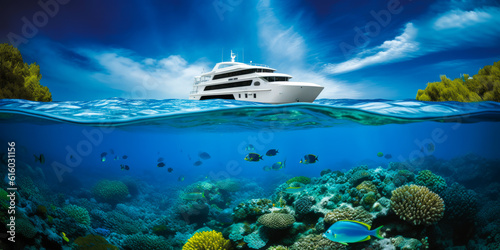 Stunning split-view revealing luxury yacht above serene bay waters and vibrant coral reef teeming with marine life, evoking emotions of high-end maritime living. Generative AI © XaMaps