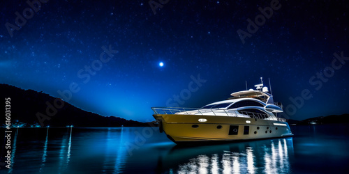 Stunningly radiant luxury yacht at night, surrounded by deep blue sea and starry sky  twinkling stars reflect on water's surface, evoking dreamy opulence. Generative AI © XaMaps