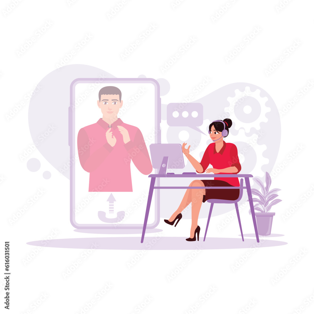 The young female student in a study room was doing an online course with a private tutor, listening intently through headphones. Trend Modern vector flat illustration.