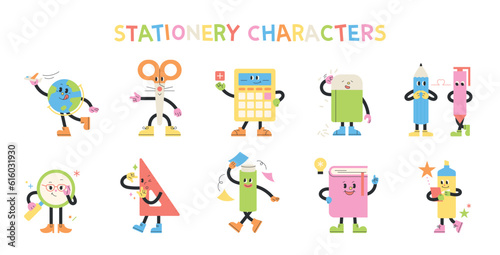 Cute school supplies characters collection.