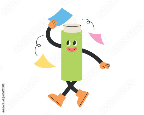 Cute school supplies characters. Glue stick is putting glue on the paper.