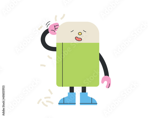 Cute school supplies characters. The eraser is being praised and scratching his head with an embarrassed expression.