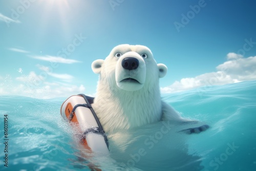 polar bear in the sea, Guardian of the Arctic: A Captivating CG Art Depicting an Ice Bear with a Lifebelt, Symbolizing Conservation Efforts and Hope in the Sunlit Ocean