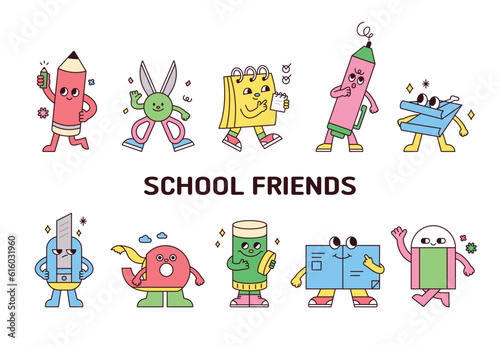 Cute school supplies characters collection.