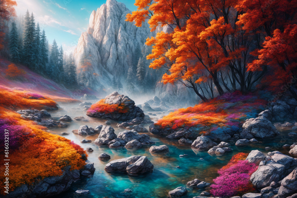 Beautiful natural landscape with river, painting, Generative AI illustrations Beautiful natural landscape with river, painting, Generative AI illustrations