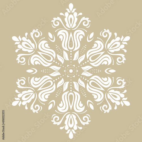 Oriental pattern with arabesques and floral elements. Traditional classic ornament. Vintage round white pattern with arabesques