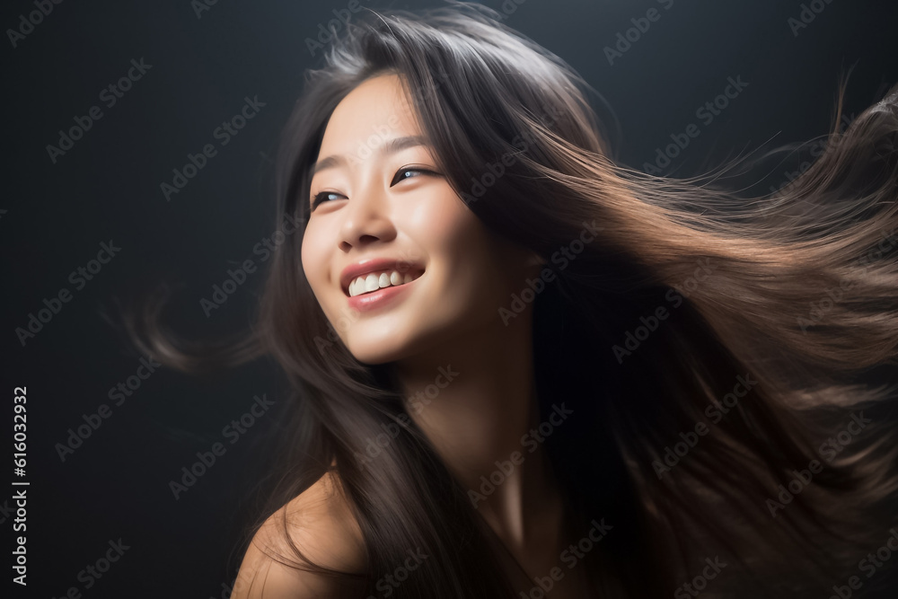 Asian woman with a radiant smile and flowing long hair exudes relaxation against a dark background. Generative AI.