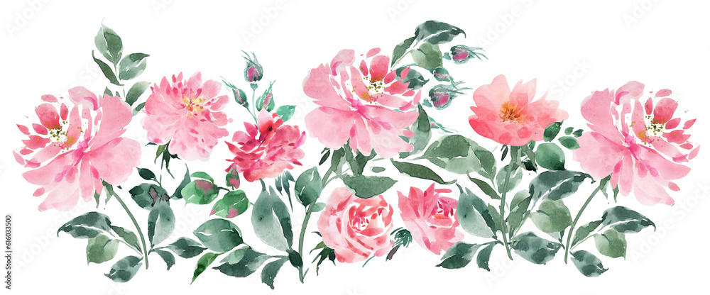 Border garden flowers watercolor, garden roses background. Pink peony frame. - obrazy, fototapety, plakaty 