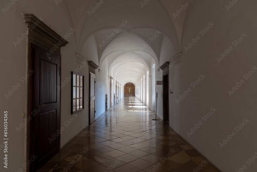 Fototapeta premium light flooded long corridor with many windows, perspective view