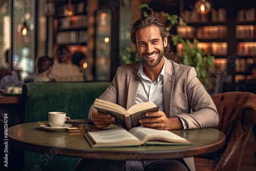 young man is reading book and smiling while sitting in cafe