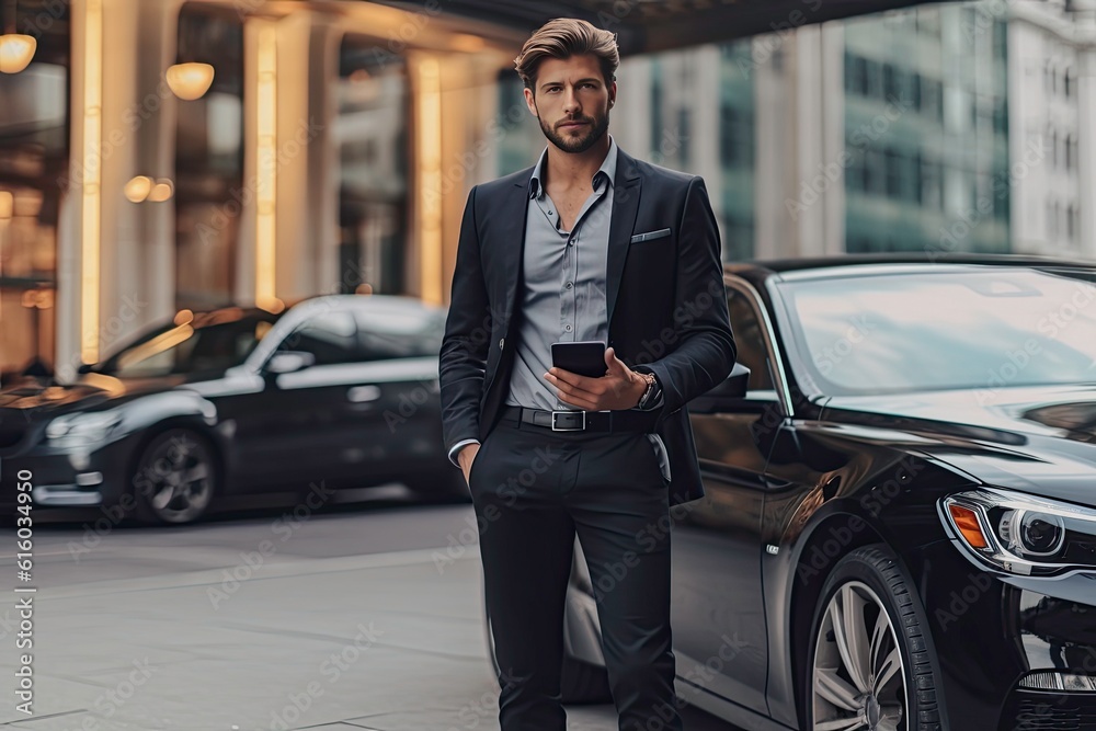 Handsome young businessman using mobile phone while standing outdoors near car