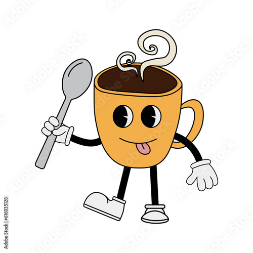 Coffee cup character holding a teaspoon, 70s cartoon style. Funny character in retro style. Vector illustration isolated on white background