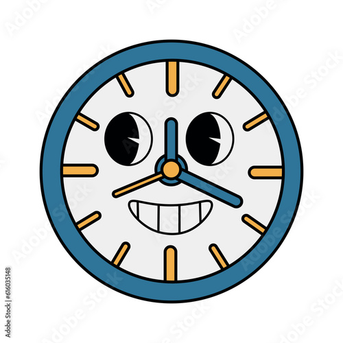 Funny groovy retro clipart clock. Clock character in 70s cartoon style. Vector illustration isolated on white background