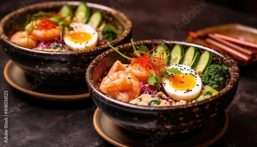 Asian poke bowl with egg and seafood on the table two servings.