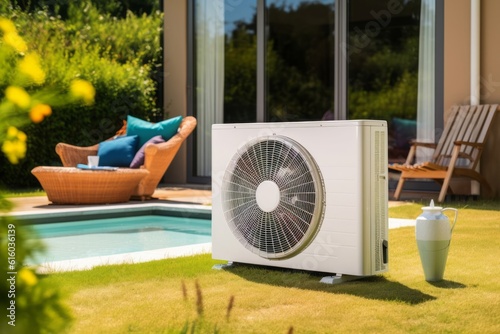 armony and Sustainability: A Captivating Photograph of a Modern Heat Pump in a Green Garden, with a Family House and a Sunny Sky, Creating a Serene and Eco-Friendly Outdoor Haven photo