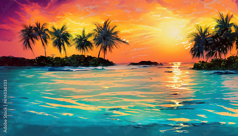 Tropical water and palms at sunset AI generated art