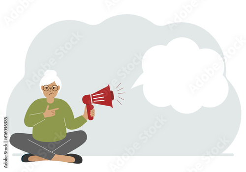 A woman with a mouthpiece in his hand sits cross-legged. From loudspeaker bubbles to accommodate text.