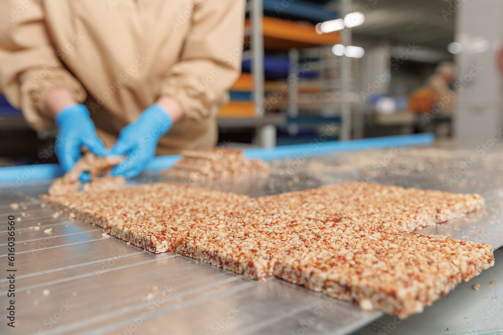 Automatic production line for making snacks from peanuts, pine nuts, healthy kozinak cake. Concept modern food industry Automatic production line for making snacks from peanuts, pine nuts, healthy kozinak cake. Concept modern food industry