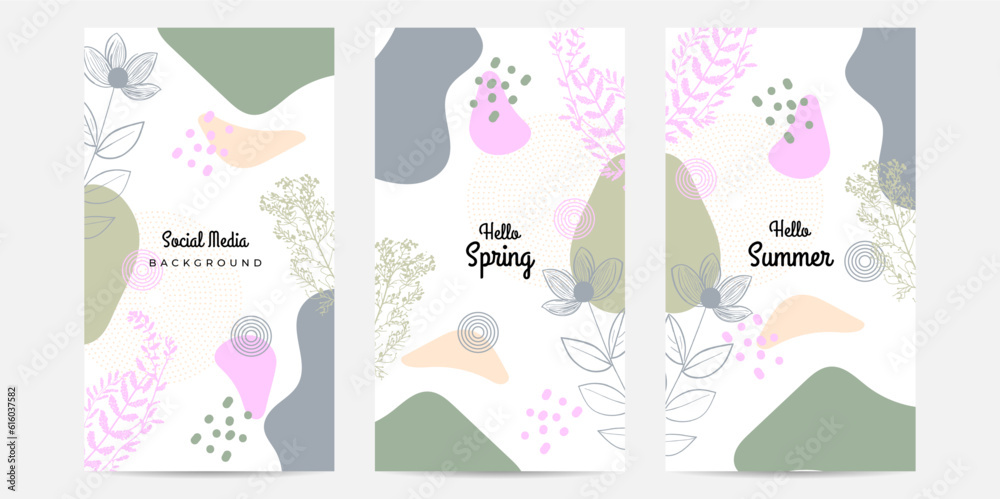 Hello Spring! Vector horizontal spring banner. Floral green background. Tulips, colorful spring flowers and branches with leaves. Hello Spring! Vector horizontal spring banner. Floral green background. Tulips, colorful spring flowers and branches with leaves.