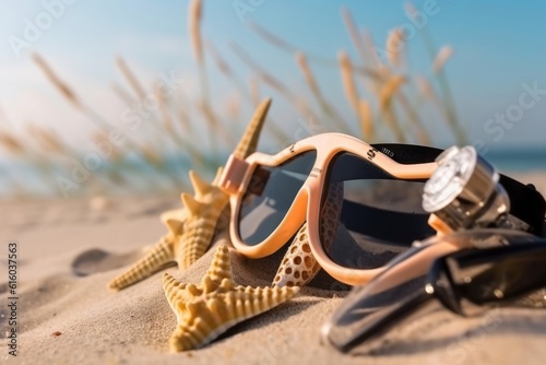 starfish and snorkel mask, Beachside Adventure: A Close-Up of Diving Mask, Snorkel, and Diving Fins, Ready for Underwater Exploration and Beachside Relaxation in the Summer Sun, Amidst Shells