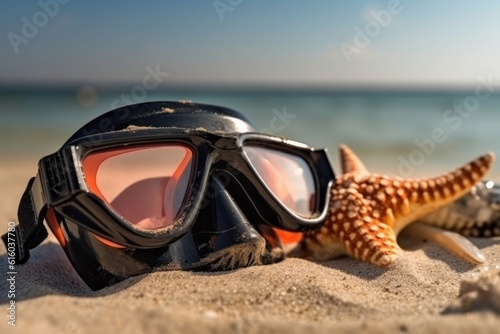 starfish and snorkel mask, Beachside Adventure: A Close-Up of Diving Mask, Snorkel, and Diving Fins, Ready for Underwater Exploration and Beachside Relaxation in the Summer Sun, Amidst Shells