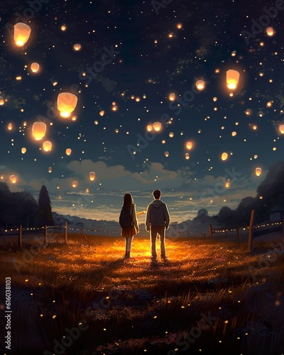 Couple under the night sky full of lanterns