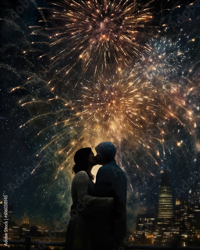 Couple kissing under night sky with fireworks
