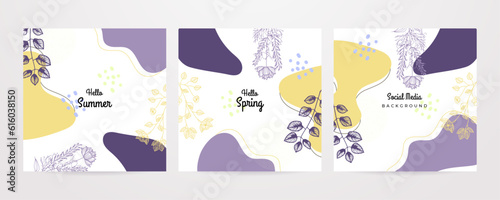 Hello Spring. Trendy abstract square art templates. Suitable for social media posts, mobile apps, banners design and web/internet ads. Vector fashion backgrounds.