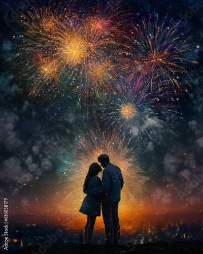 Couple under the night sky with fireworks