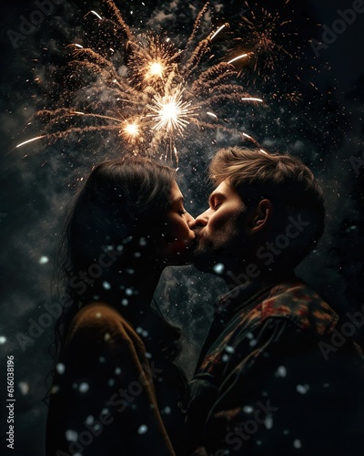Couple kissing under fireworks