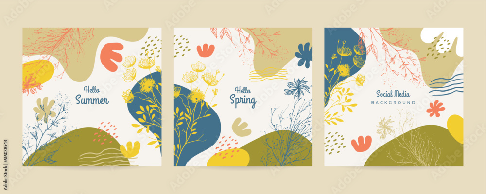 Modern floral hand drawn. Romantic greeting card. Spring time wording with hand drawn flowers and watercolor spots on white background.