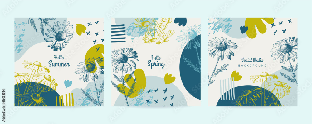 Spring Background with minimal hand drawn colorful flower elements in line art style. Spring Background with minimal hand drawn colorful flower elements in line art style.