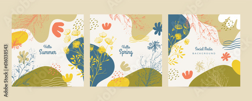 Modern floral hand drawn. Romantic greeting card. Spring time wording with hand drawn flowers and watercolor spots on white background.