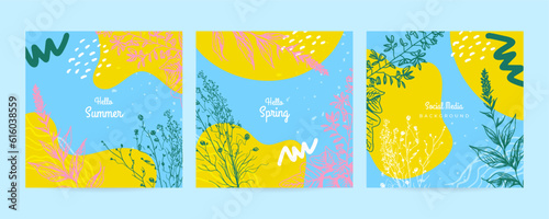 Summer Cute vector illustration with colorful flowers, a bicycle with leaf, and a floral frame for a poster, card, flyer or banner
