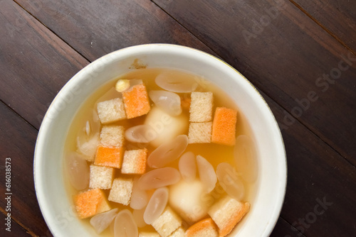 Wedang Ronde, Javanese traditional drink. Served with ginger soup, coconut flesh and glutinous riceball with peanut inside.