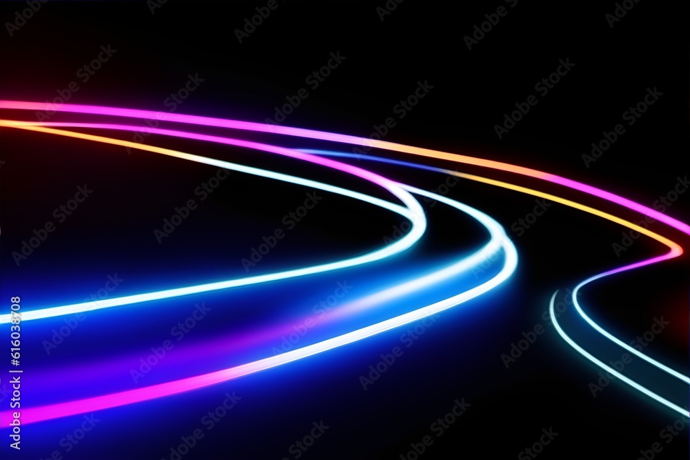 Neon lights motion effect on black background. Generative AI. Neon lights motion effect on black background. Generative AI.