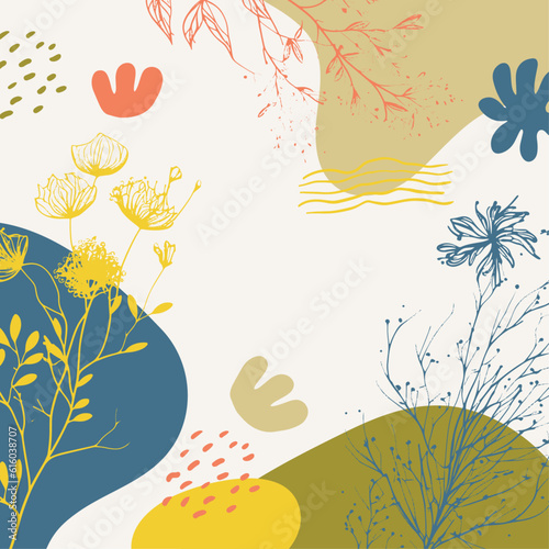 Summer colorful background decorated with beautiful flowers and leaves illustration. Can be used as poster or greeting card design.