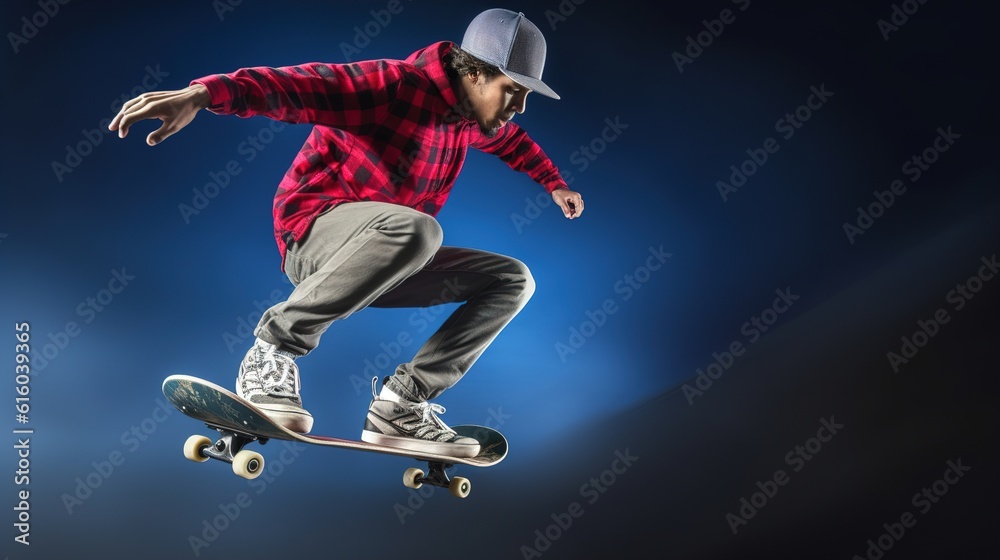 A skateboarder performs tricks. On an abstract background. Generative ai.