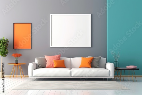 minimal comfy mood living room with white sofa and empty art wall hanging frame on grey blue wall  mockup idea  Generative Ai 