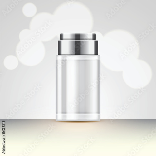 Cosmetic Bottle Package Skin Care Cream, Beauty Cosmetic Product Poster, With Bokeh And Water Background.