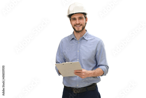 portrait of a smiling young warehouse worker working in a cash and carry wholesale store on a transparent background.