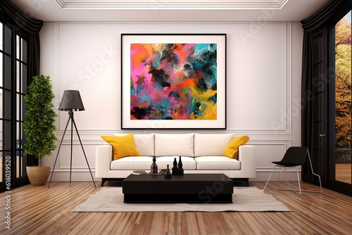 cheerful and happy mood living room idea of home decor design with colorful abstract painting art wall hanging picture,mockup idea, Generative Ai