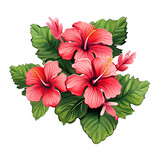 Watercolor tropical flower, pink hibiscus with leaves and bud, Hawaiian flower composition