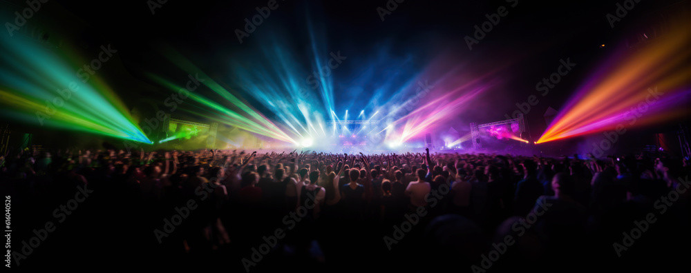 Naklejka premium Cheering crowds of a live rock concert, music event, EDM dance festival. large scale outdoor, rock, popular, or electronic music festival at night, lights illuminating. hand edited generative AI.