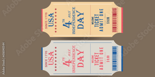 4th of July ticket card Independence Day lettering text. Ticket poster design  USA  Independence Day concept Vector.